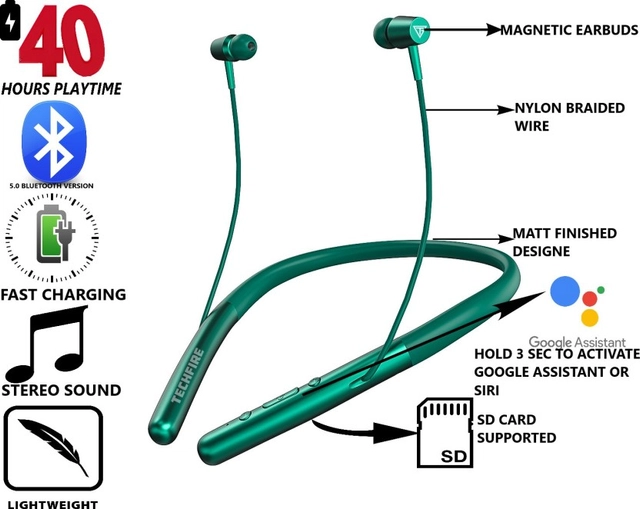 TECHFIRE Platinum Series Neckband Bluetooth Gaming Headset (Green, In the Ear)