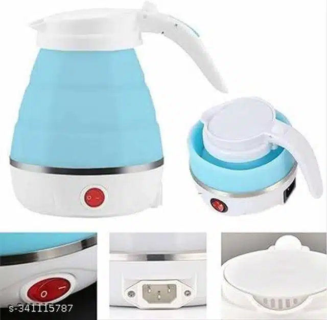 Silicone Collapsible Portable Electric Kettle (White & Blue, 600 ml)