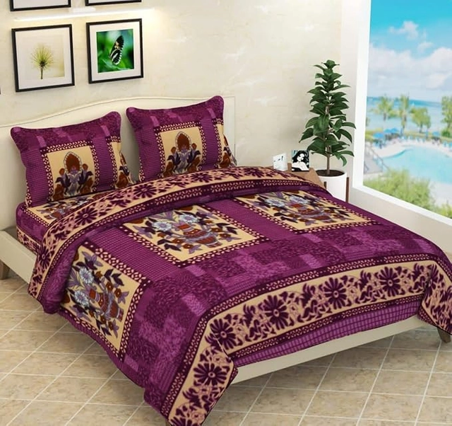 Fleece Floral Flat Bedsheets with Two Pillow Covers (Purple, 108x108 Inches)