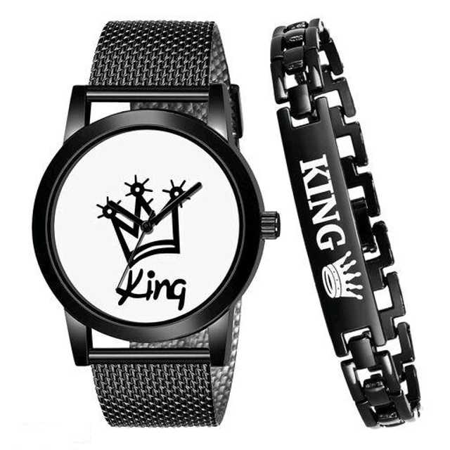 Elegant Collection Stylish PU Belt Watch & Bracelet (Black & White, Pack Of 2) (EC_025)