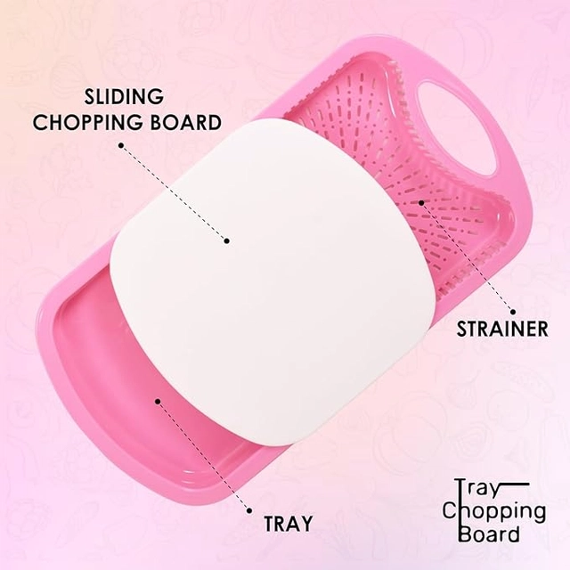 Plastic Chopping Board with Tray (Pink, Set of 1)