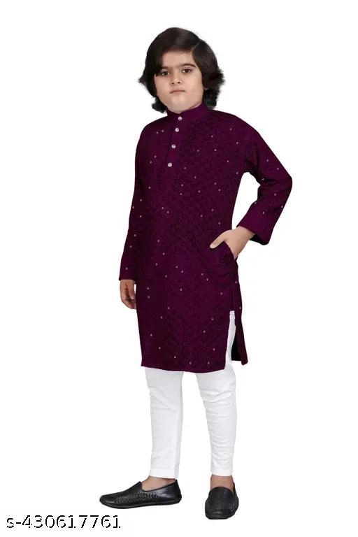 Rayon Embroidered Kurta with Pyjama for Boys (2-3 Years, Wine)