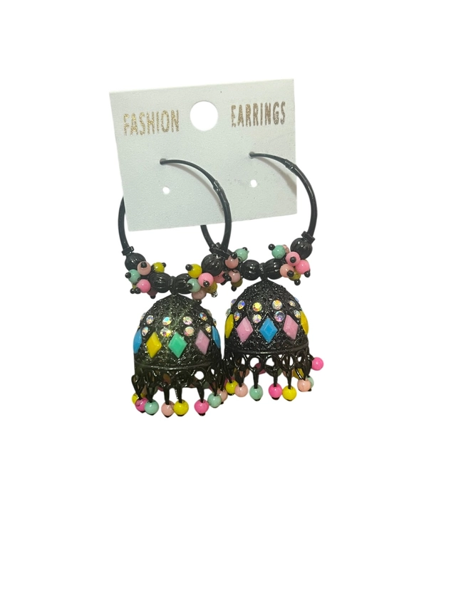 Metal Stone Jhumki Earrings for Women & Girls (Multicolor, Set of 1)