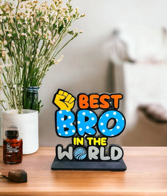 Wooden Handcrafted Best Bro In The World Trophy Gifts (Multicolor, 14.5 cm)