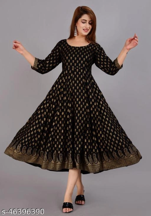 Rayon Printed Anarkali Kurti for Women (Black, M)