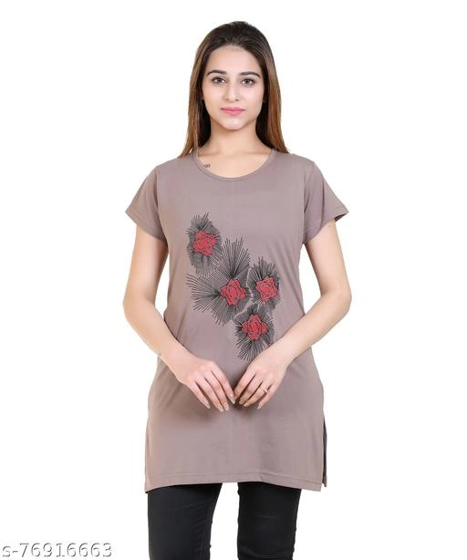 Round Neck Printed Long T-Shirt for Women (Grey, M)