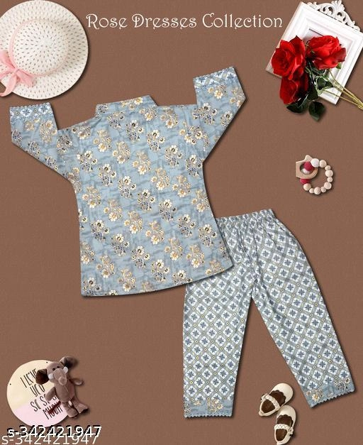 Cotton Blend Kurta Set for Girls (Grey, 3-6 Months)