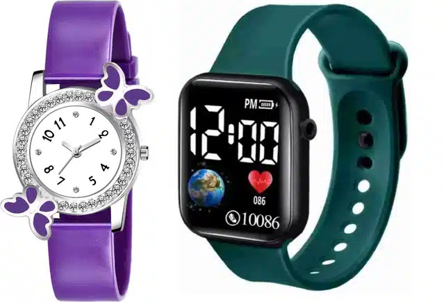 Analog & Smart Watch Combo for Women & Girls (Purple & Green, Pack of 2)