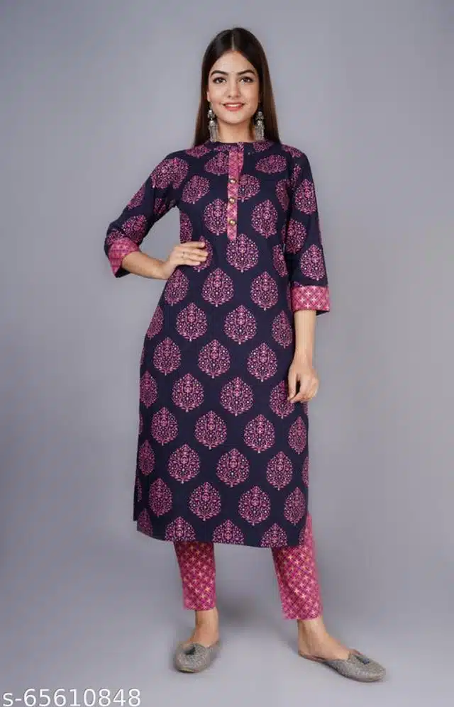Cotton Kurti with Pant for Women (Pink, L)