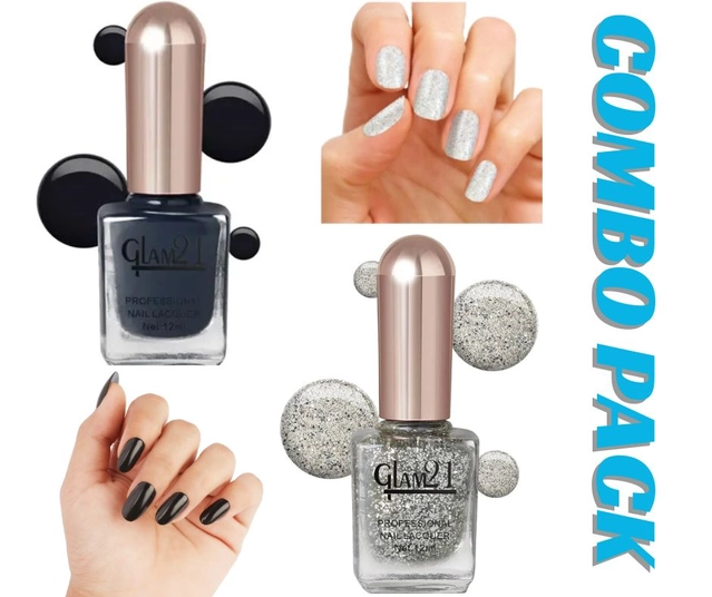 Glam21 Nail Polish (Black & Silver, Pack of 2)