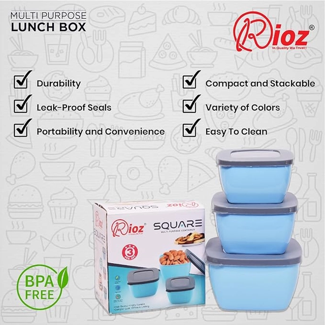 Plastic Air-Tight Leak-Proof BPA Free Lunch Box Set (Blue, Set of 3)