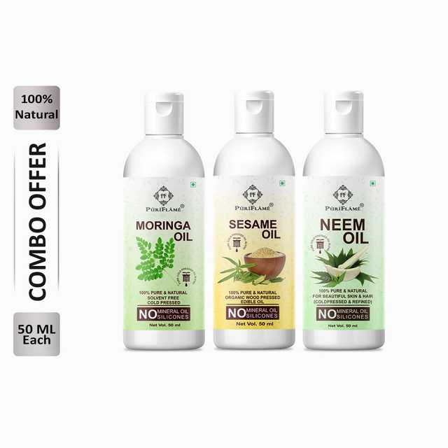 Puriflame Pure Moringa Oil (50 ml), Sesame Oil (50 ml) & Neem Oil (50 ml) Combo for Rapid Hair Growth (Pack of 3) (B-11937)