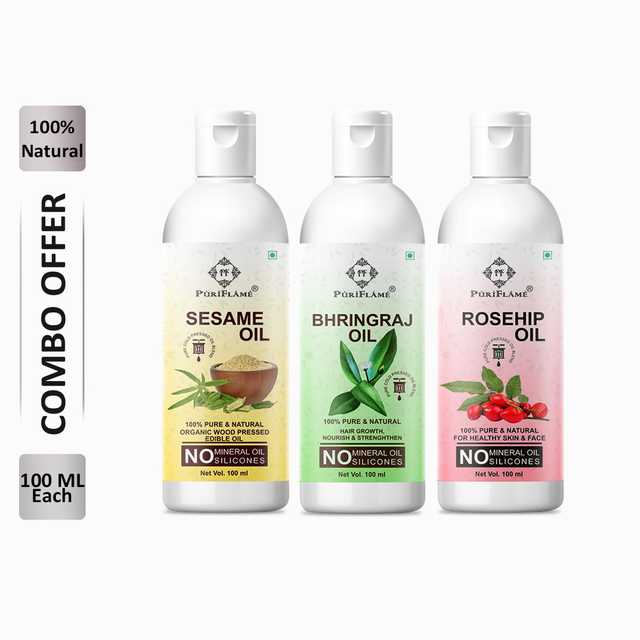 PuriFlame Pure Sesame Oil (100 ml) & Bhringraj Oil (100 ml) & Rosehip Oil (100 ml) Combo For Rapid Hair Growth (Pack Of 3) (B-7467)