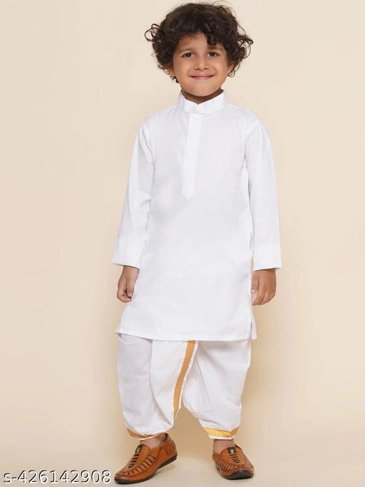 Cotton Blend Striped Dhoti for Boys (2-3 Years, White)