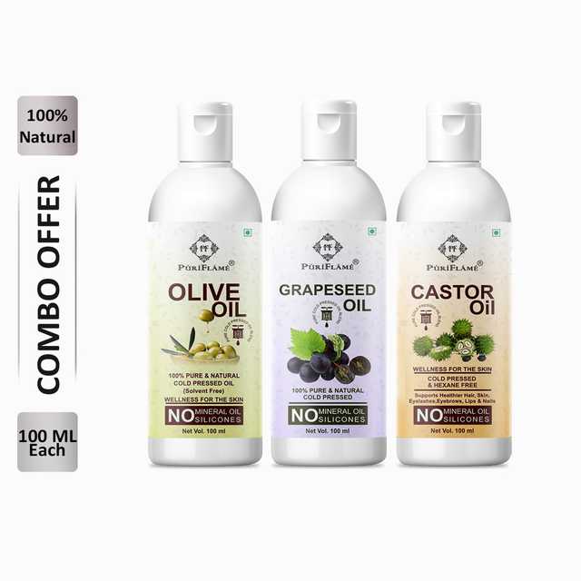 PuriFlame Pure Olive Oil (100 ml) & Grapeseed Oil (100 ml) & Castor Oil (100 ml) Combo For Rapid Hair Growth (Pack Of 3) (B-6179)