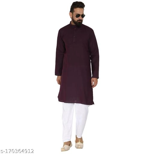 Cotton Blend Solid Kurta with Pyjama for Men (Brown & White, S)