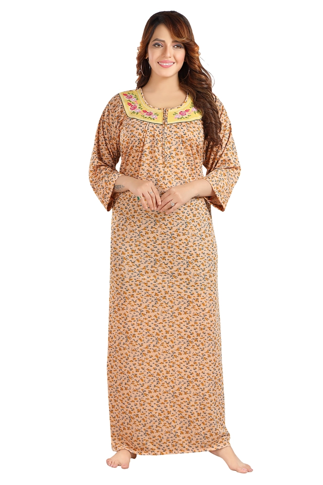 Hosiery Printed Nightdress for Women (Yellow, M)