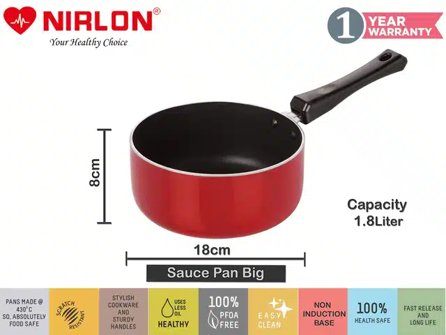 Aluminium Nonstick Coated Sauce Pan with Glass Lid (Red, 1.8 L)