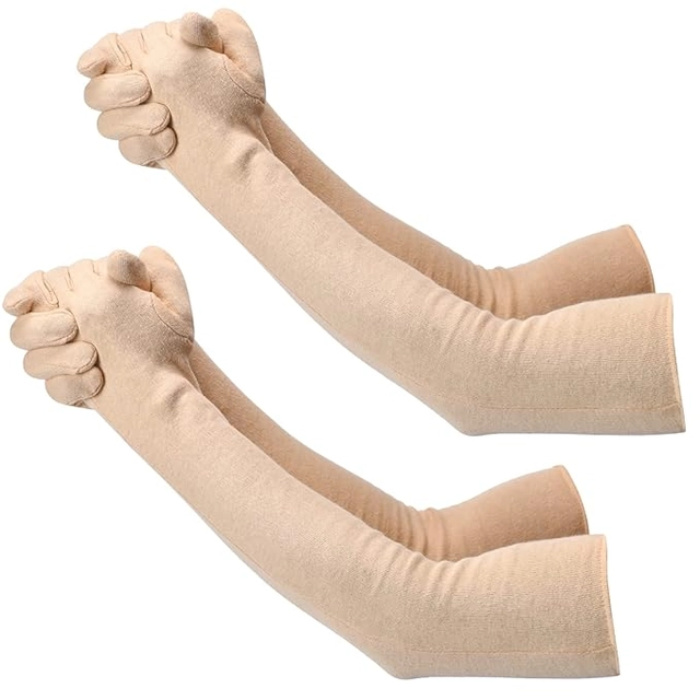 Cotton Solid Full Hand Gloves for Men & Women (Beige, Set of 2)