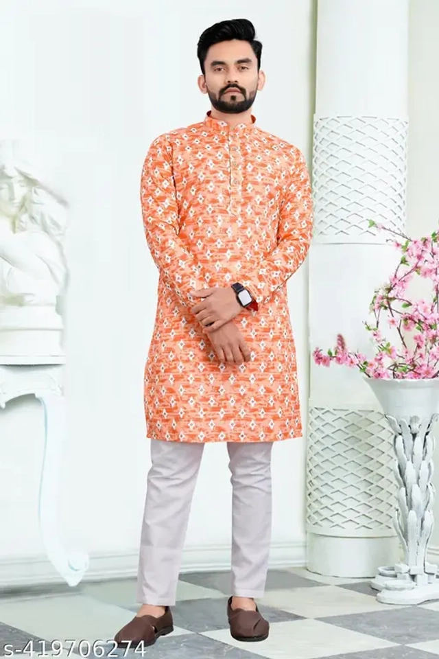 Cotton Blend Printed Kurta with Pyjama for Men (Orange & White, S)