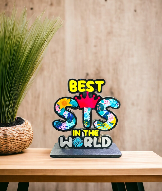 Wooden Handcrafted Best Sis In The World Trophy Gifts (Multicolor, 14.5 cm)