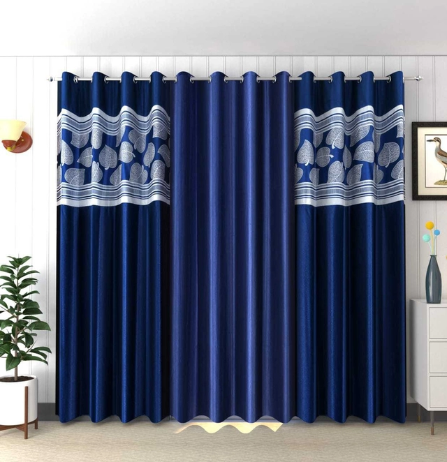 Polyester Curtains for Door (Navy Blue, 7 Feet) (Pack of 3)