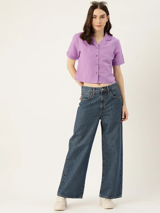 Half Sleeves Solid Crop Shirt for Women (Lavender, S)