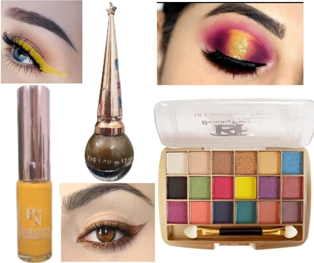 Combo of 2 Pcs Waterproof Eyeliner (Brown & Yellow) & 18 Shades Eyeshadow Palette (Multicolor) (Set of 3)