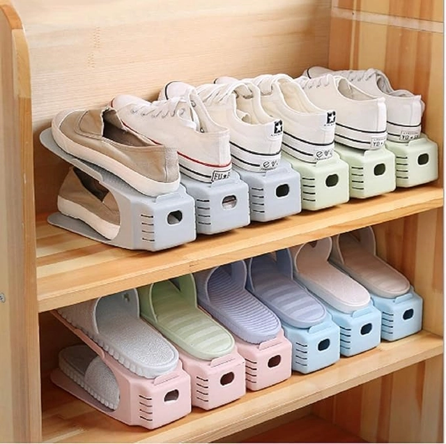 Plastic Shoe Slots Organizer Space Saver Double Deck Shoe Rack Adjustable Shoe Slots For Closet Organization (Pack Of 12) (Multicolor)