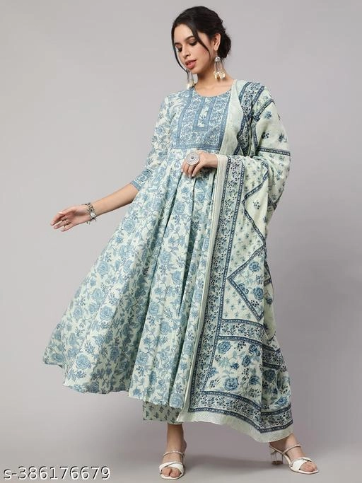 Cotton Printed Anarkali Kurti with Pant & Dupatta for Women (Sky Blue, S)