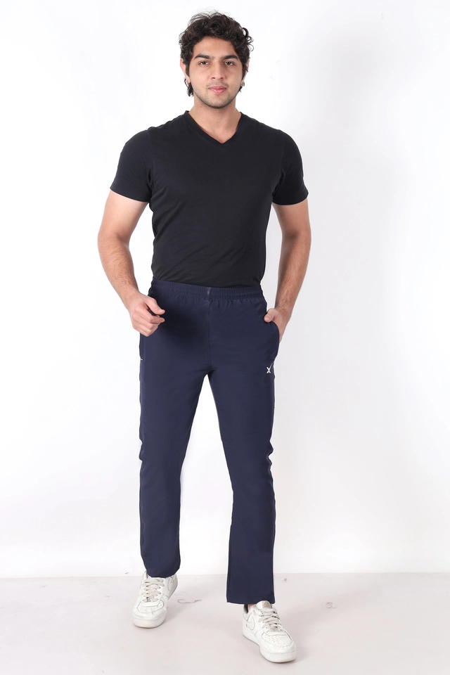 Cotton Blend Slim Fit Trackpants for Men (Blue, L)