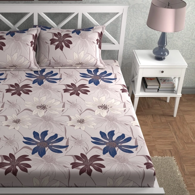 CG Homes 210 TC Flat Double Printed King Size Bedsheet With 2 Pillow Cover Cotton (90 X 100 inches, Grey Flower)