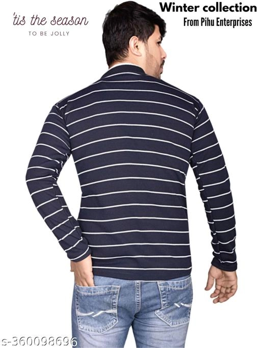 Woolen Striped Sweater for Men (Navy Blue, M)