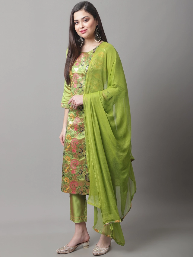 Cotton Silk Self Design Kurta with Pant for Women (Multicolor, S)