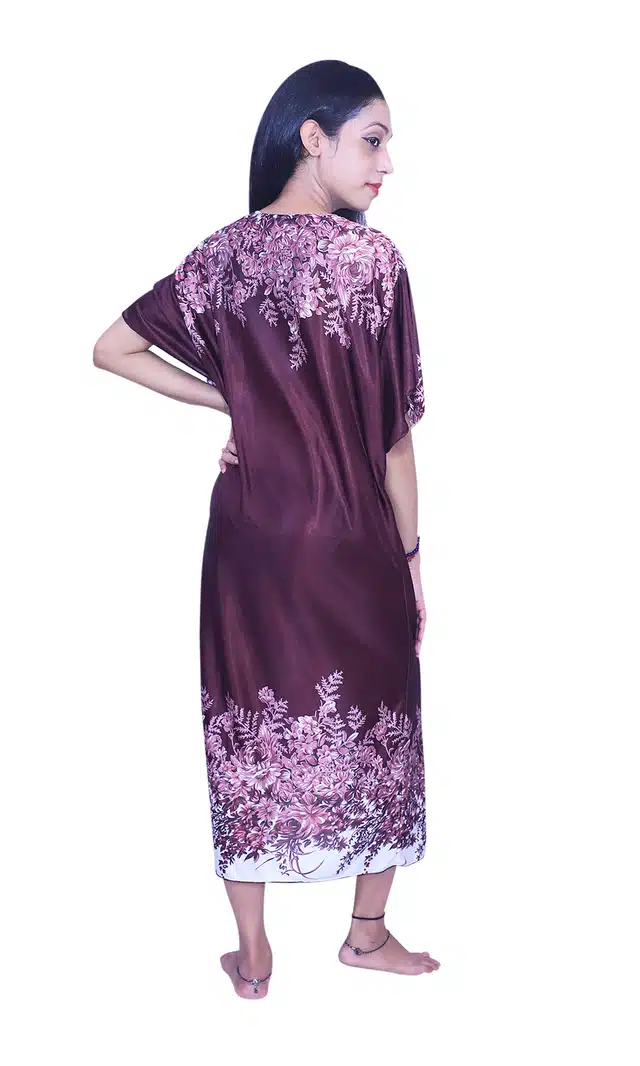 Satin Printed Night Dress for Women (Brown, Free Size)