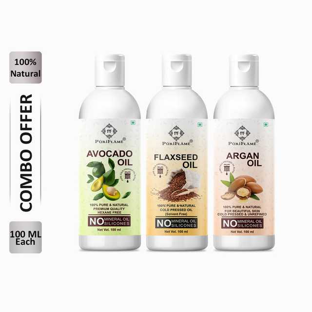 PuriFlame Pure Avocado Oil (100 ml) & Flaxseed Oil (100 ml) & Argan Oil (100 ml) Combo For Rapid Hair Growth (Pack Of 3) (B-2378)
