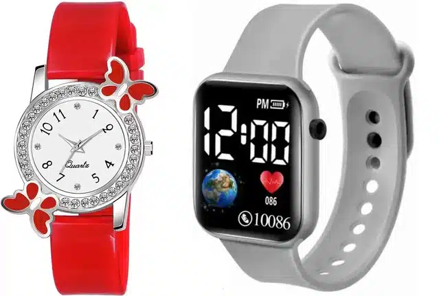 Analog & Smart Watch Combo for Women & Girls (Red & Grey, Pack of 2)