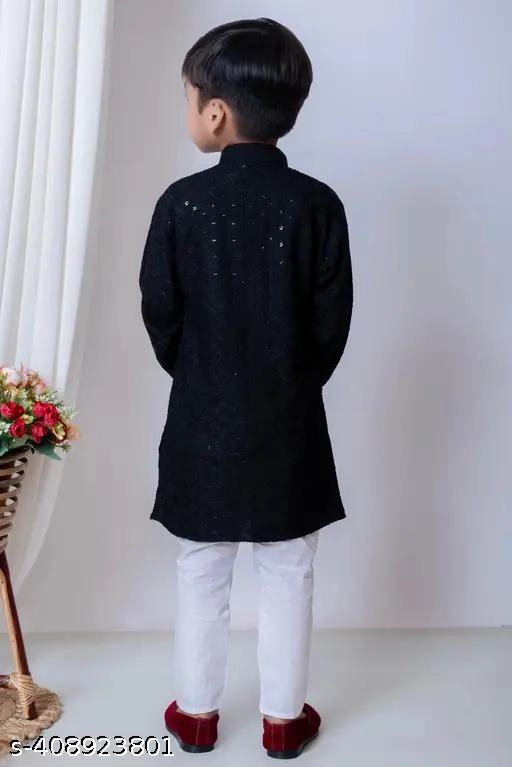 Rayon Embroidered Kurta with Pyjama for Boys (2-3 Years, Black & White)