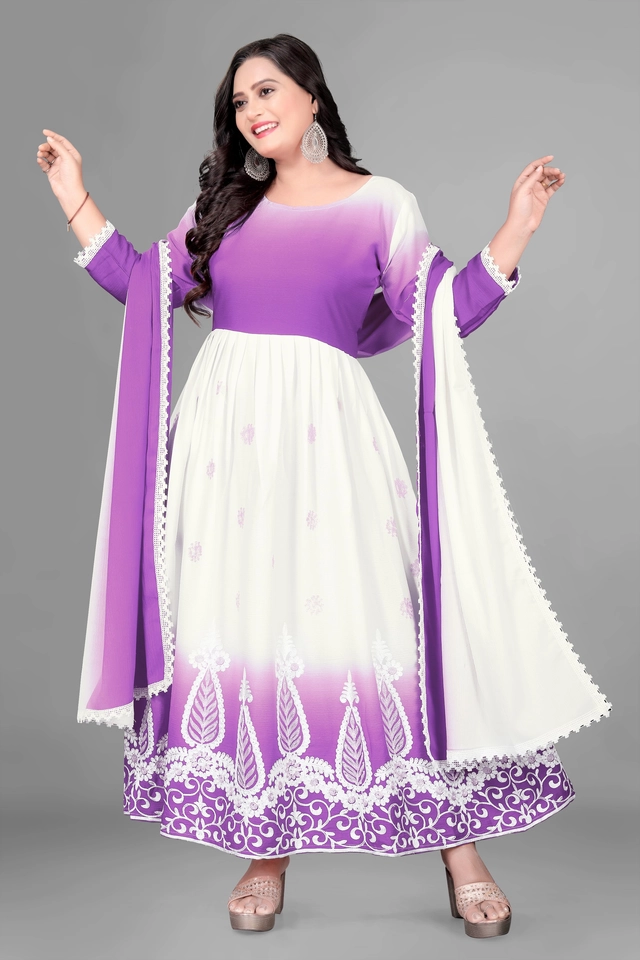 Jute Silk Ethnic Motif Gown with Dupatta for Women (Lavendar & White, S)