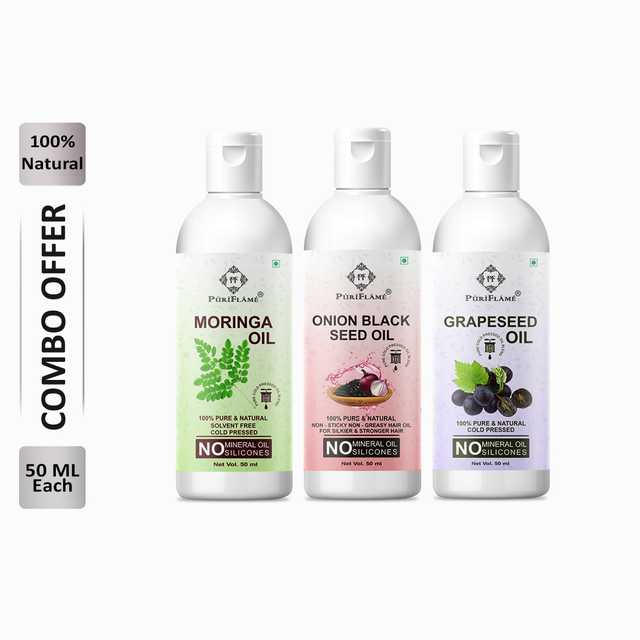 Puriflame Pure Moringa Oil (50 ml), Onion Black Seed Oil (50 ml) & Grapeseed Oil (50 ml) Combo for Rapid Hair Growth (Pack Of 3) (B-11883)