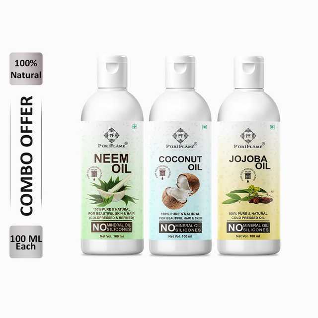 PuriFlame Pure Neem Oil (100 ml) & Coconut Oil (100 ml) & Jojoba Oil (100 ml) Combo For Rapid Hair Growth (Pack Of 3) (B-5805)