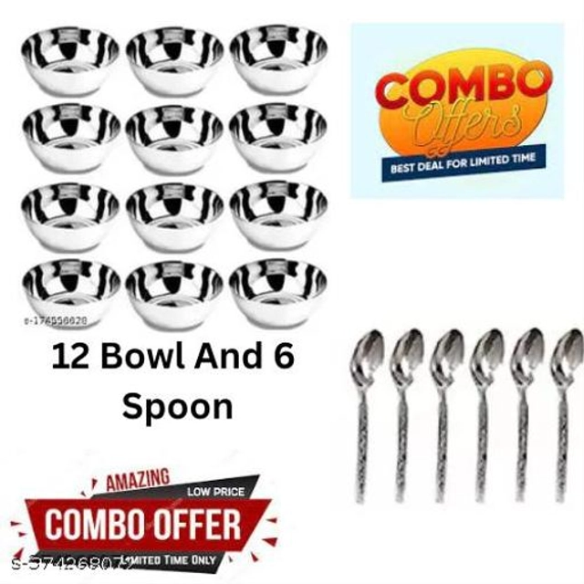 Stainless Steel 12 Pcs Bowls with 6 Pcs Spoon (Silver, Set of 2)