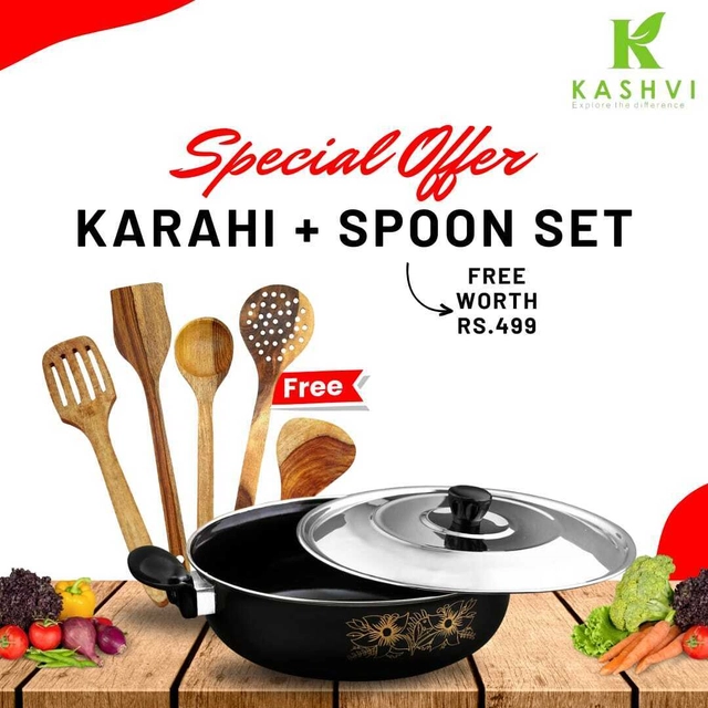 Cast Iron Kadai with 5 Pcs Spatula Set (Multicolor, Set of 2)