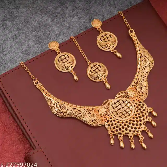 Gold Plated Choker Necklace With Earring & Maang Tikka Women Girls