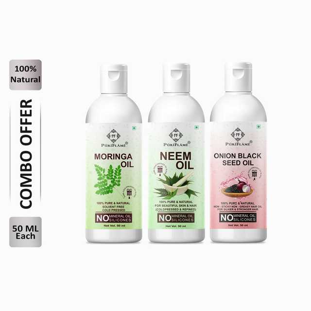 Puriflame Pure Moringa Oil (50 ml), Neem Oil (50 ml) & Onion Black Seed Oil (50 ml) Combo for Rapid Hair Growth (Pack Of 3) (B-11853)