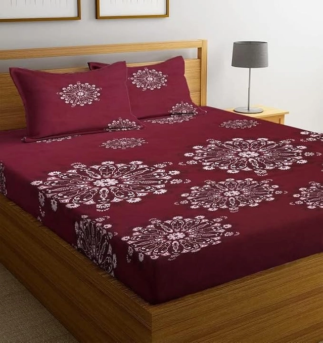 Glace Cotton Fitted Bedsheet With 2 Pillow Covers (Maroon, 90x90 inches)