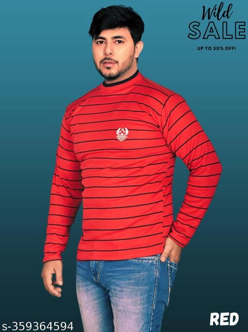 Woolen Striped Sweater for Men (Red, M)