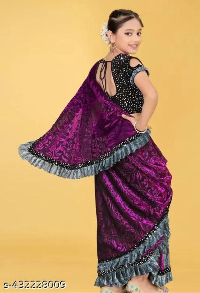 Self-Design Fancy Saree for Girls with Blouse (Wine, 3-4 Years)