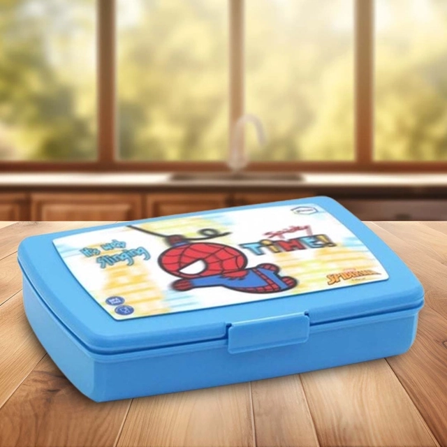 GLUMAN Frozen Series Flip Slim Spiderman Clip lock lid Lunch Box with Spork (600 ml + 200 ml, Set of 1)