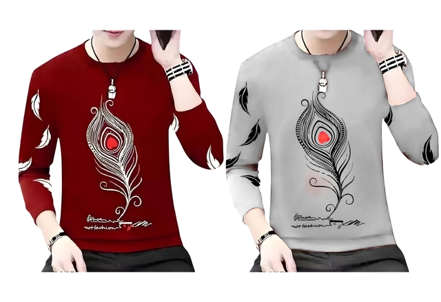 Round Neck Printed T-Shirts for Men (Grey & Maroon, S) (Pack of 2)